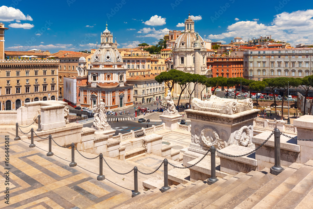 Piazza Venezia, Ancient ruins of Trajan Forum, Trajan Column and churches Santa Maria di Loreto and Most Holy Name of Mary as seen from Altar of the Fatherland in Rome, Italy