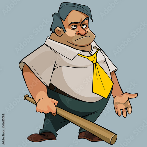 Cartoon fat man in a tie with a bat in his hand