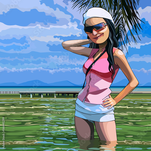 Cartoon smiling woman standing in the sea