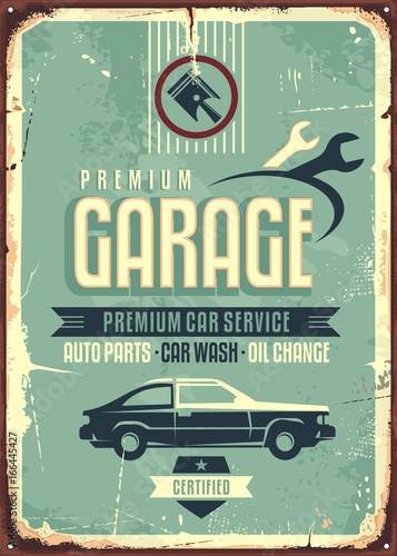 Premium car service retro poster design with creative typography and car side view on old damaged metal background