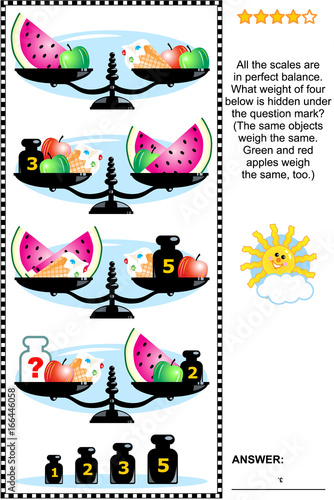 Visual math puzzle with scales, weights,  apples, ice cream cones and watermelon slices:  What weight of four below is hidden under the question mark? Answer included.

