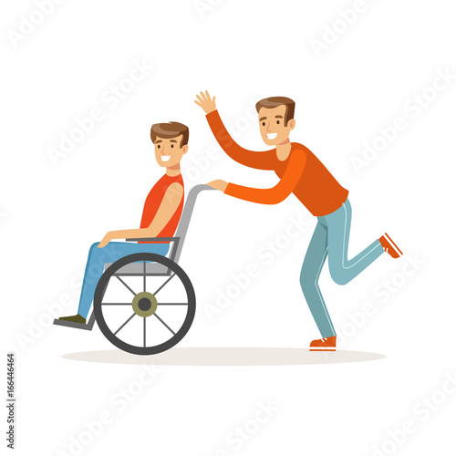 Disabled young man in wheelchair, smiling friend or volunteer helping him, healthcare assistance and accessibility colorful vector Illustration