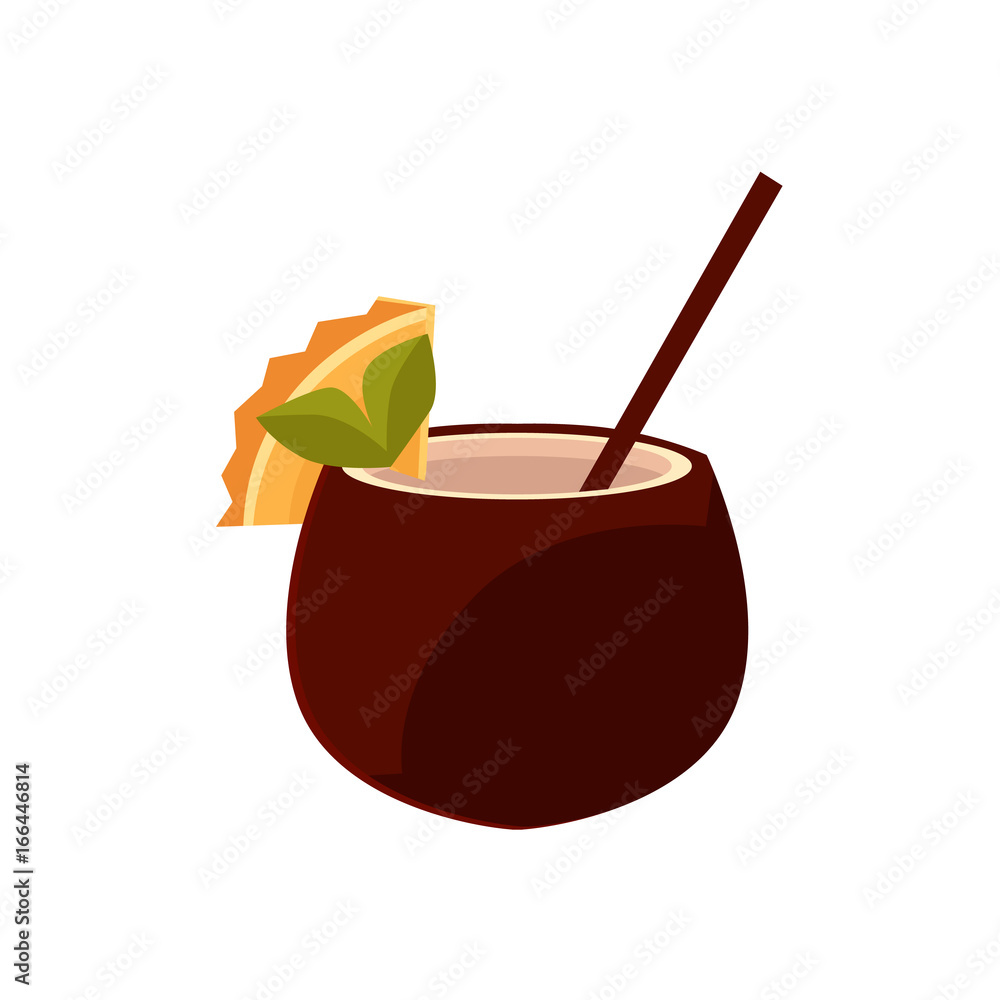 Cocktail, soft drink with straw in coconut shell, cartoon vector illustration isolated on white background. Cartoon coconut drink decorated with cocktail straw and orange slice Cocktail, soft drink with straw in coconut shell, cartoon vector illustration isolated on white background. Cartoon coconut drink decorated with cocktail straw and orange slice