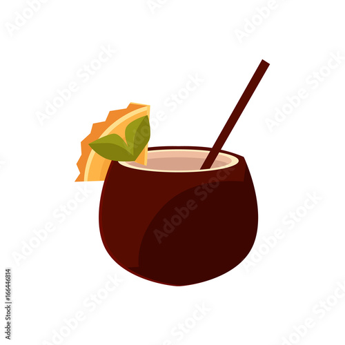 Cocktail, soft drink with straw in coconut shell, cartoon vector illustration isolated on white background. Cartoon coconut drink decorated with cocktail straw and orange slice