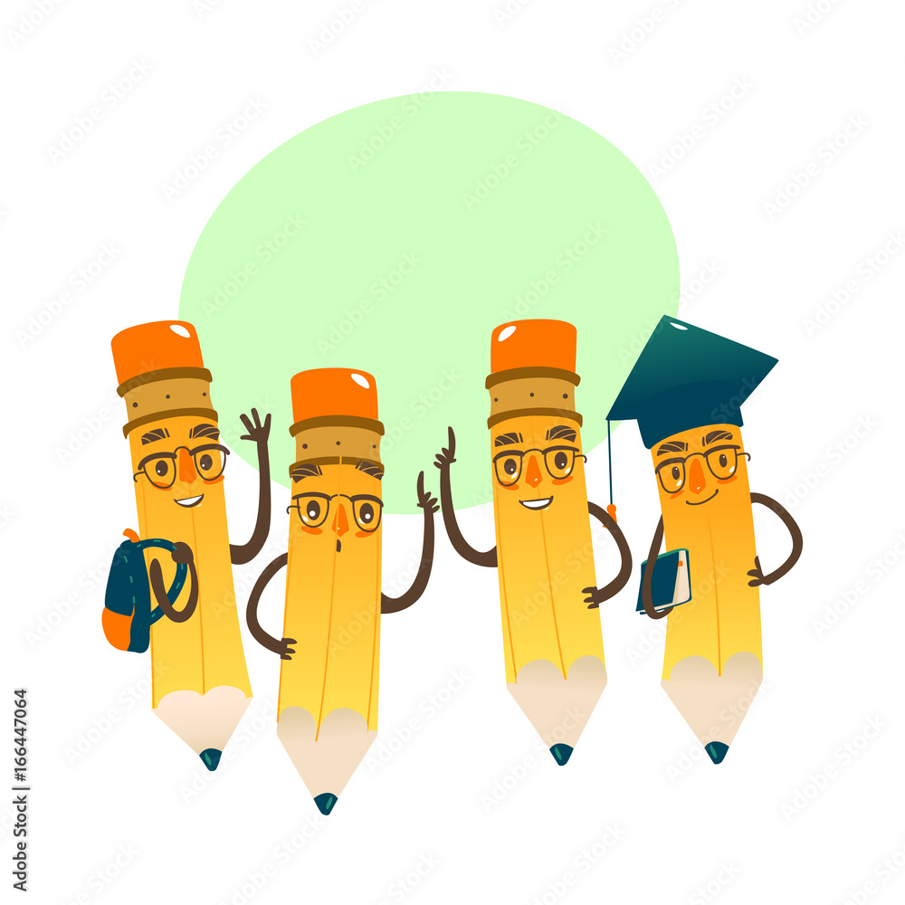 Set of happy cartoon pencils with books, backpack, glasses, graduation cap, vector illustration isolated on white background with speech bubble Set of happy cartoon pencils with books, backpack, glasses, graduation cap, vector illustration isolated on white background with speech bubble