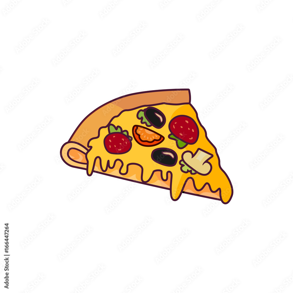 Vector pizza slice. Fast food flat cartoon isolated illustration on a white background. Pepperoni, cheese, olives. Italian food icon. Restaurant, cafes advertising object Vector pizza slice. Fast food flat cartoon isolated illustration on a white background. Pepperoni, cheese, olives. Italian food icon. Restaurant, cafes advertising object