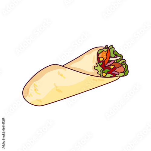 Vector chicken, vegetables roll, fast food meal. Doner gebab, shawarma flat cartoon illustration isolated on a white background. Arabic, eastern food, hand drawn image. Buritto, taco - mexican food