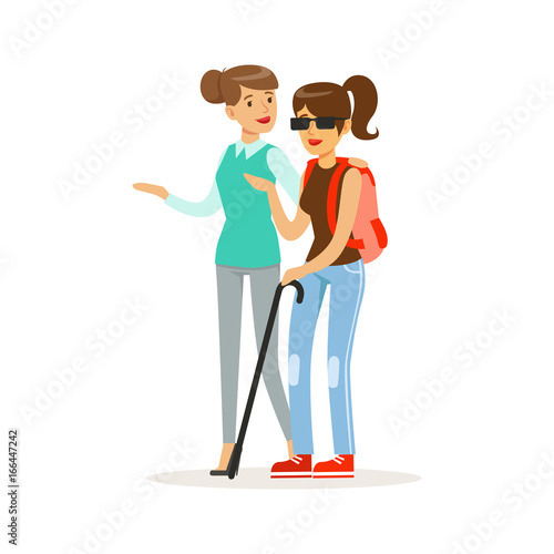 Smiling female volunteer helping and supporting blind woman, healthcare assistance and accessibility colorful vector Illustration
