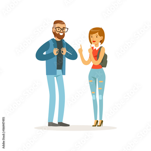 Young disability deaf people with hearing aid communicate using sign language, healthcare assistance and accessibility colorful vector Illustration