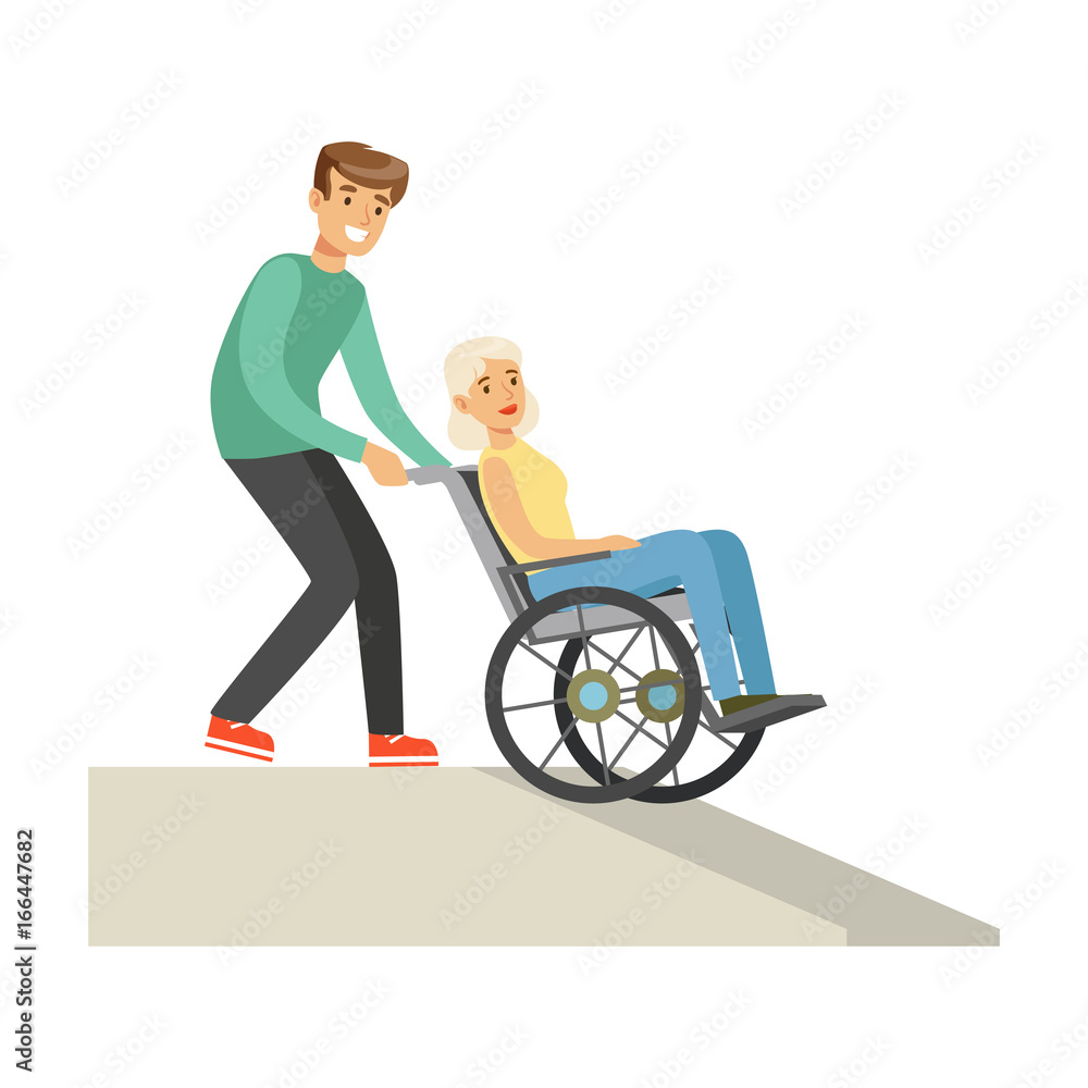 Disabled elderly woman in wheelchair, smiling volunteer man helping her, healthcare assistance and accessibility colorful vector Illustration Disabled elderly woman in wheelchair, smiling volunteer man helping her, healthcare assistance and accessibility colorful vector Illustration