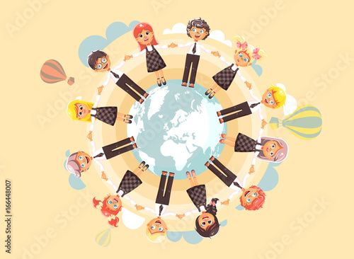 Vector illustration cartoon characters children holding hands and standing in circle of planet Earth globe world map, children s day, drive roundelays, lead dances flat style on blue background
