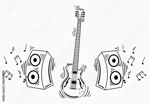 Vector electric guitar with acoustic system. Illustration of a guitar with notes and sound. Musical emblem. Rock concert. Stylized musical instrument. Tattoo.