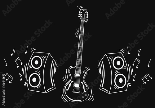Vector electric guitar with acoustic system. Illustration of a guitar with notes and sound. Musical emblem. Rock concert. Stylized musical instrument. Tattoo.