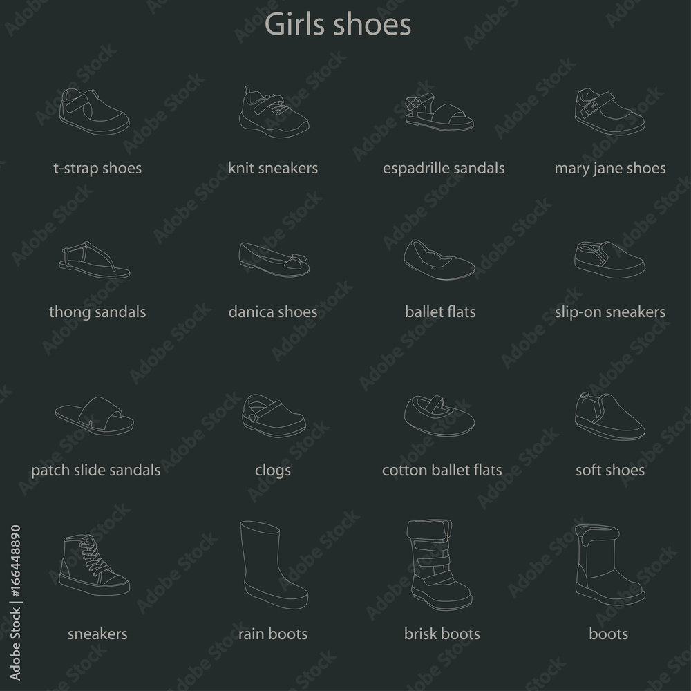 Girls shoes, set, collection of fashion footwear with names. Baby, kid, child, childhood. Vector design isolated illustration. Chalk outlines, dark background.