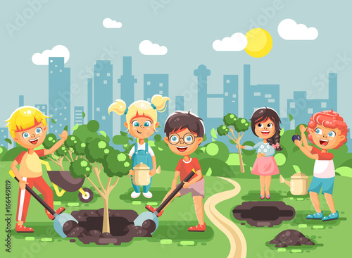 Vector illustration cartoon characters of children boy and girl planting in garden seedlings of tree, little child with water geek, taking care of ecology city in flat style for motion design