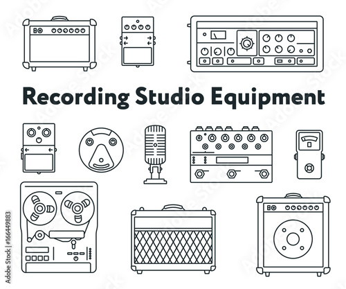 Equipment for Sound Recording Studio. Minimal Flat Line Outline Stroke Icon Set. Pedal, Amplifier, Guitar Effects Processor, Mixer, Vintage Tape Recorder, Microphone, Speaker, Synthesizer.