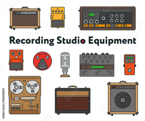 Equipment for Sound Recording Studio. Minimal Color Flat Line Outline Stroke Icon Set. Pedal, Amplifier, Guitar Effects Processor, Mixer, Vintage Tape Recorder, Microphone, Speaker, Synthesizer.
