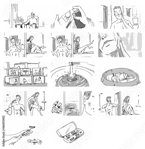 Man and woman shaving in the bathroom set collection sketch Vector illustration for cartoon, or storyboard projects