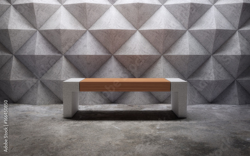 Abstract empty concrete interior with polygonal wall pattern and street bench. 3d rendering