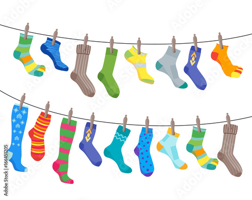 Colorful Fun Socks Set Hang on the Rope. Vector