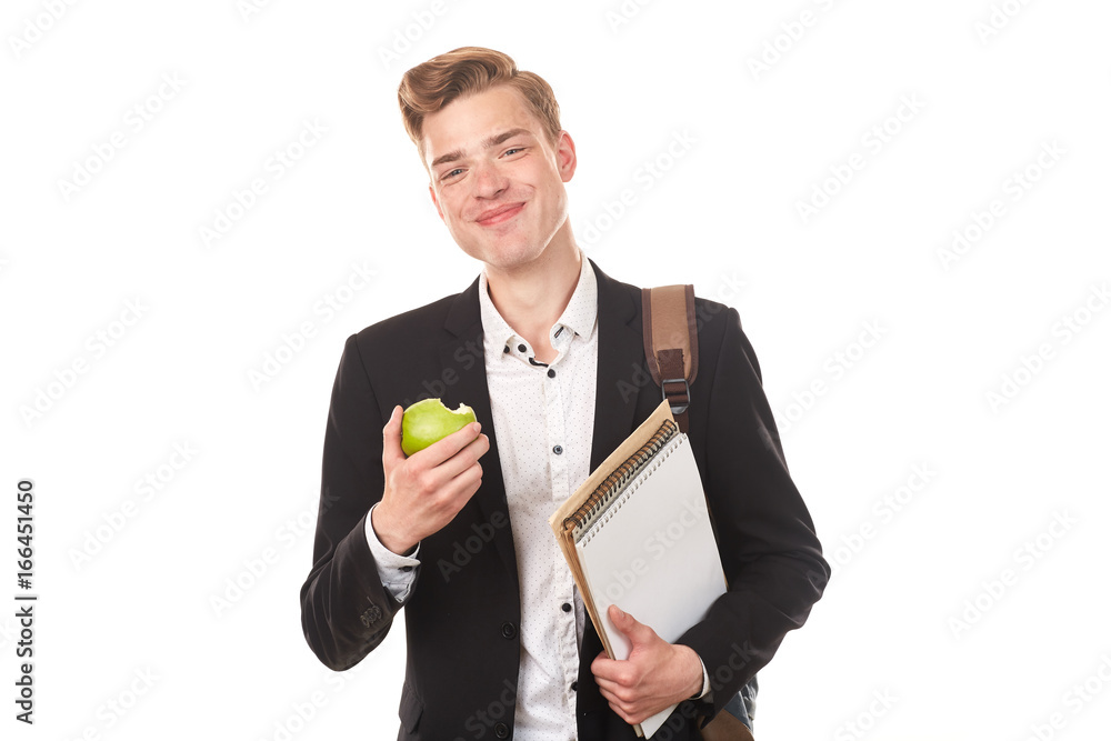 Portrait of handsome high school student posing in studio against white background Portrait of handsome high school student posing in studio against white background