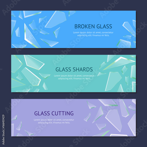 Realistic Shards of Broken Glass Banner Horizontal Set. Vector