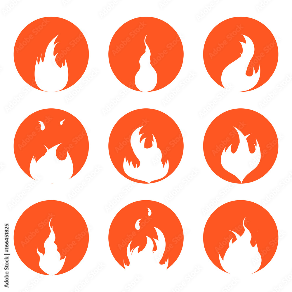 Fire Set Silhouette in Red Circle. Vector Fire Set Silhouette in Red Circle. Vector