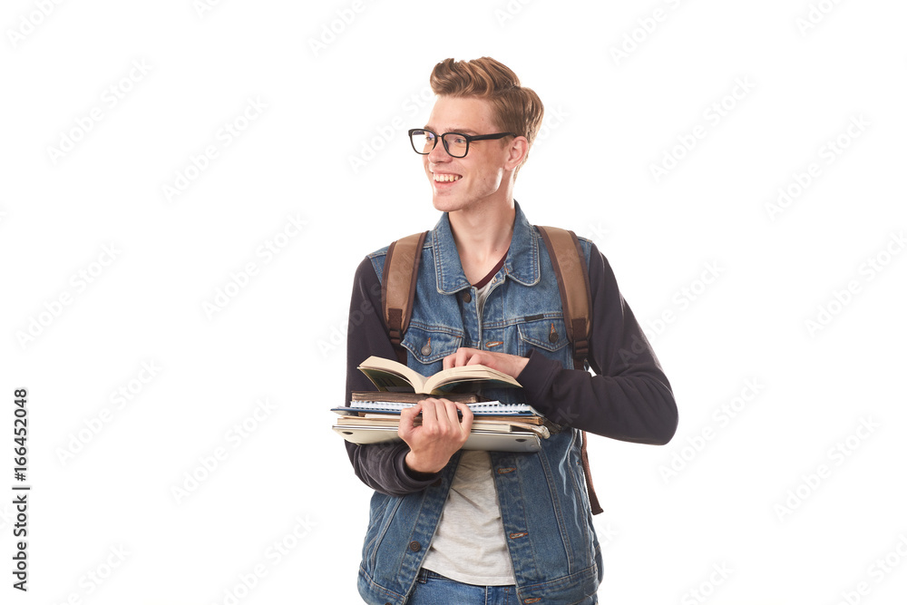 Portrait of college nerd in eyeglasses with stack of books Portrait of college nerd in eyeglasses with stack of books