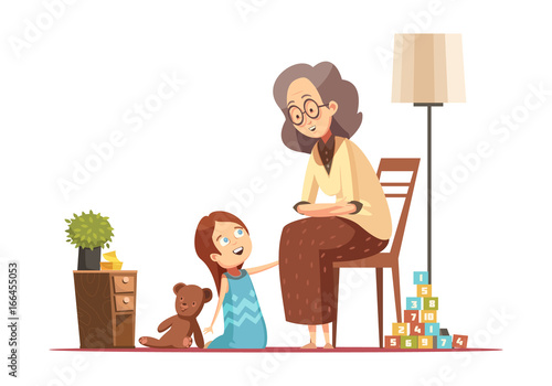 Grandmother With Child Retro Cartoon 