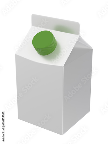 3D realistic render of small carton white box with green lid. Milk, juice or cream. With shadow. Isolated on white background with clipping path.