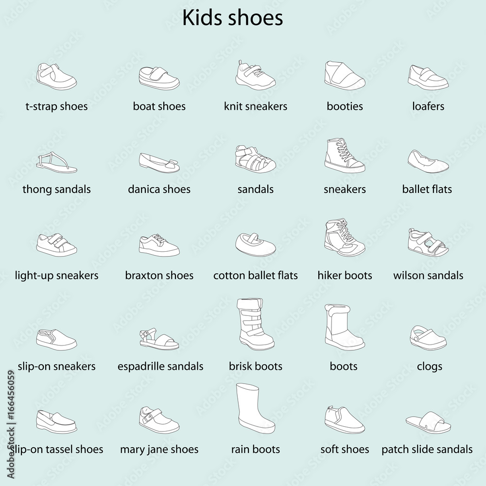 Kids shoes, set, collection of fashion footwear with names. Baby, girl ...