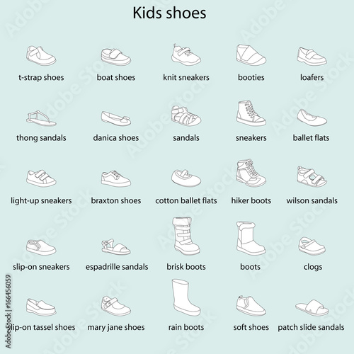 Kids shoes, set, collection of fashion footwear with names. Baby, girl, boy, child, childhood. Vector design isolated illustration. Black outlines, white images, blue background.