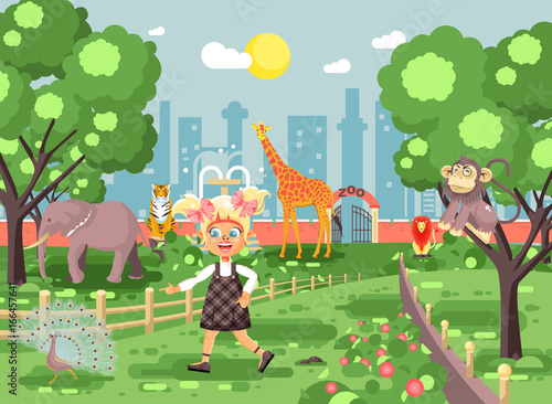 Vector illustration banner for site with schoolchild on walk, school zoo excursion zoological garden, blonde little girl monkey, peacock, elephant, lion, tiger, giraffe, wild animals flat style