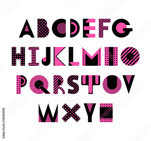 Trendy geometric font. Abstract alphabet in memphis style. Type letters 80s - 90s style. Abc isolated on a white background.