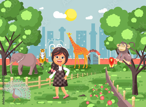 Vector illustration banner for site with schoolchild on walk school zoo excursion zoological garden, brunette little girl monkey, peacock, elephant, lion, tiger, giraffe, wild animals flat style