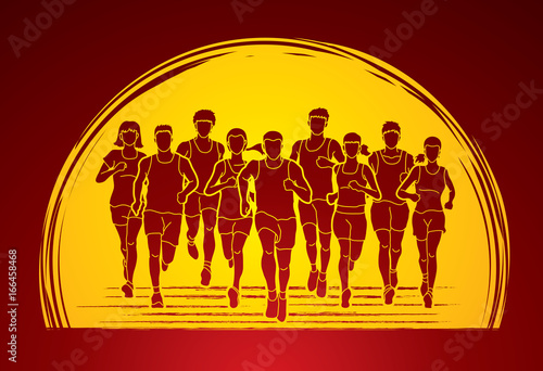 Marathon runners, Group of people running, Men and women running designed on sunrise  background graphic vector.