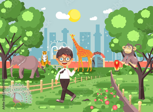 Vector illustration banner for site with schoolchild on walk school zoo excursion zoological garden, brunette little boy monkey, peacock, elephant, lion, tiger, giraffe, wild animals flat style