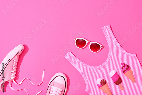 Summer Hipster Girl Accessories Set. Fashion Design. Hot Summer Sunny Vibes. Trendy Sneakers, fashion Sunglasses, Top and Ice Cream. Creative Bright Sweet Style. Vanilla Pink Pastel Color.Minimal, Art