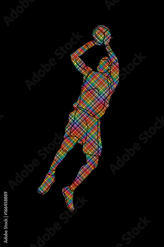Basketball player jumping and prepare shooting a ball designed using colorful pixels graphic vector © sila5775