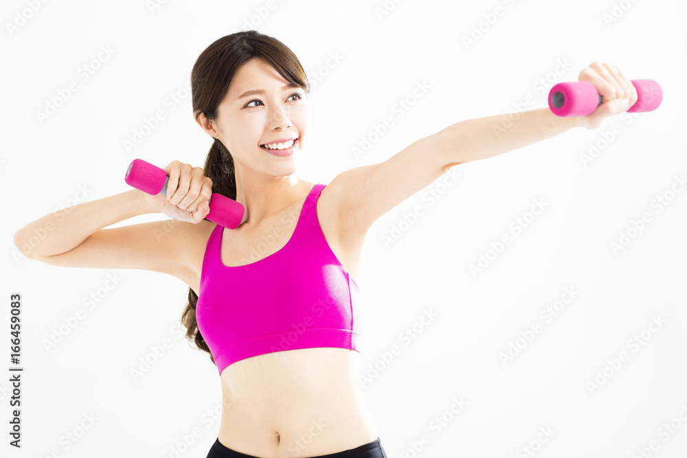 happy fitness woman working out with dumbbells happy fitness woman working out with dumbbells