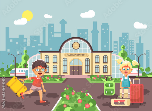 Vector illustration of cartoon characters children, late boy running on perron, little girl standing at railway station building with bags and suitcases awaiting train flat style city background