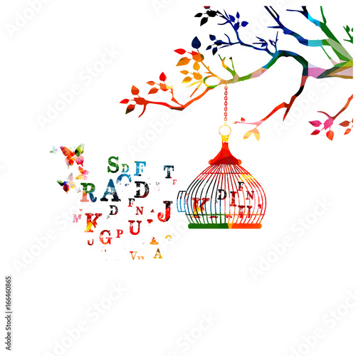 Fototapet Colorful open birdcage with alphabet letters vector illustration