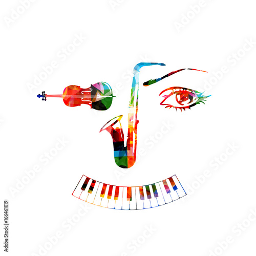 Music instruments, saxophone, violoncello and piano keyboard background. Music instruments forming human face isolated vector illustration design