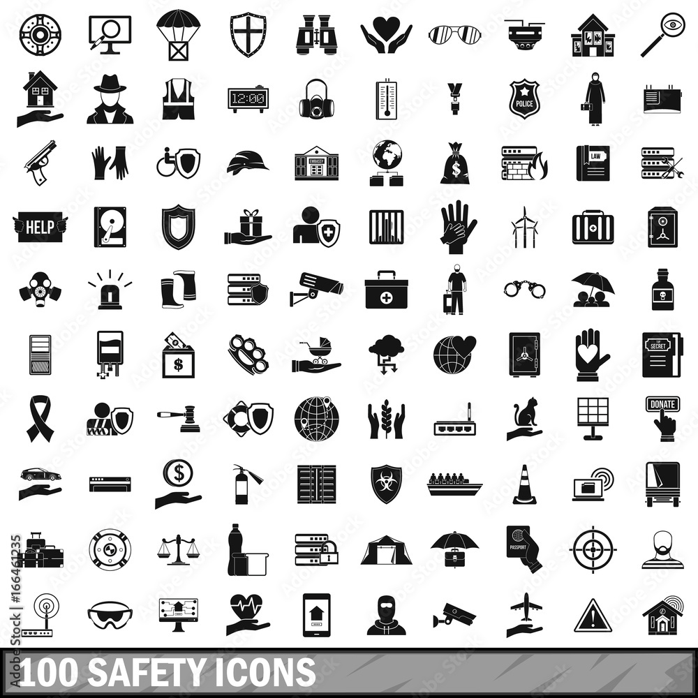 100 safety icons set, simple style 100 safety icons set, simple style