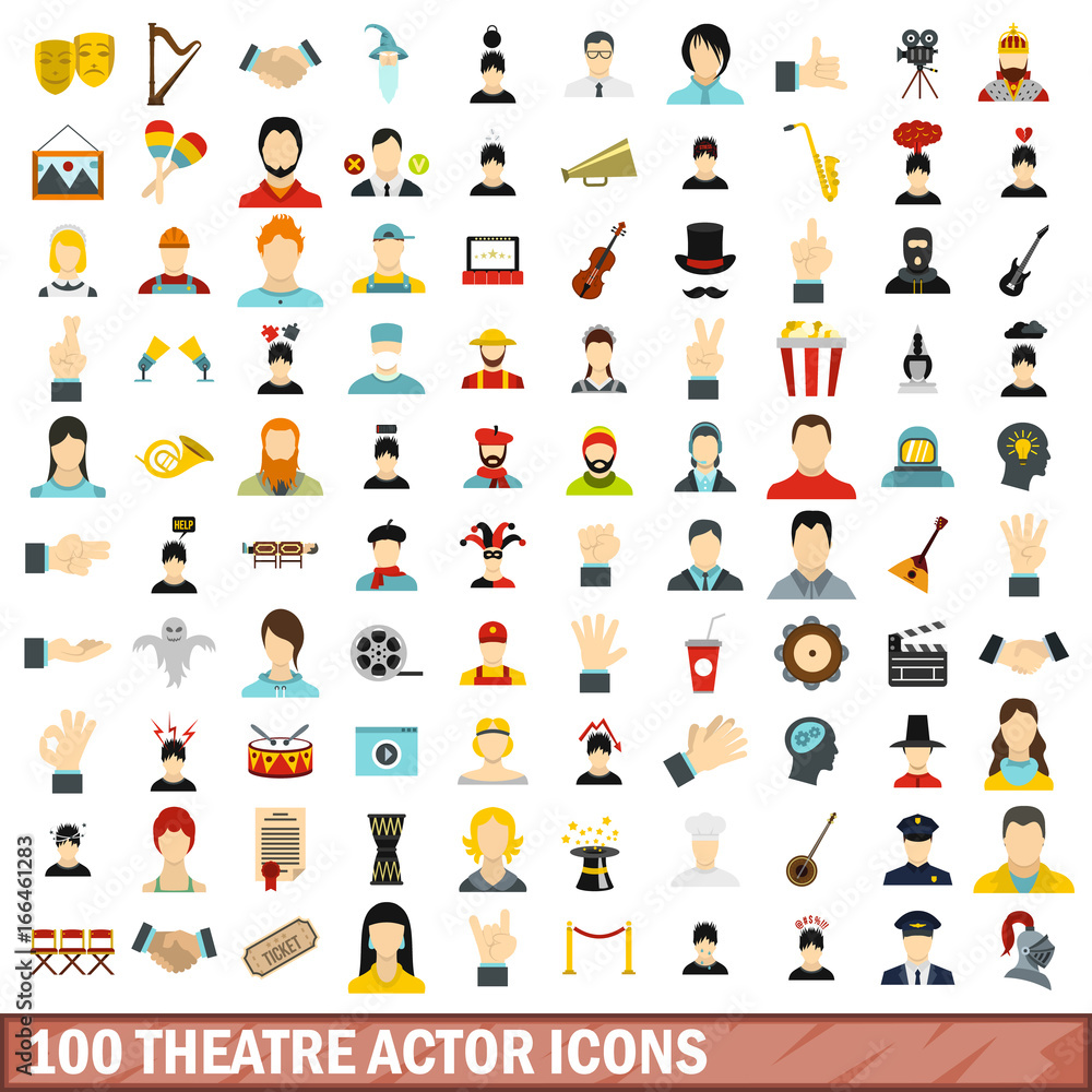 Fototapeta premium 100 theatre actor icons set, flat style