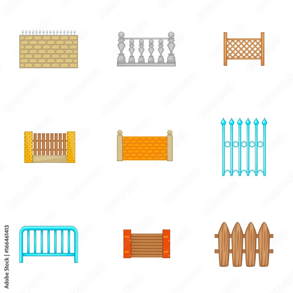 Architecture fences icons set, cartoon style Architecture fences icons set, cartoon style
