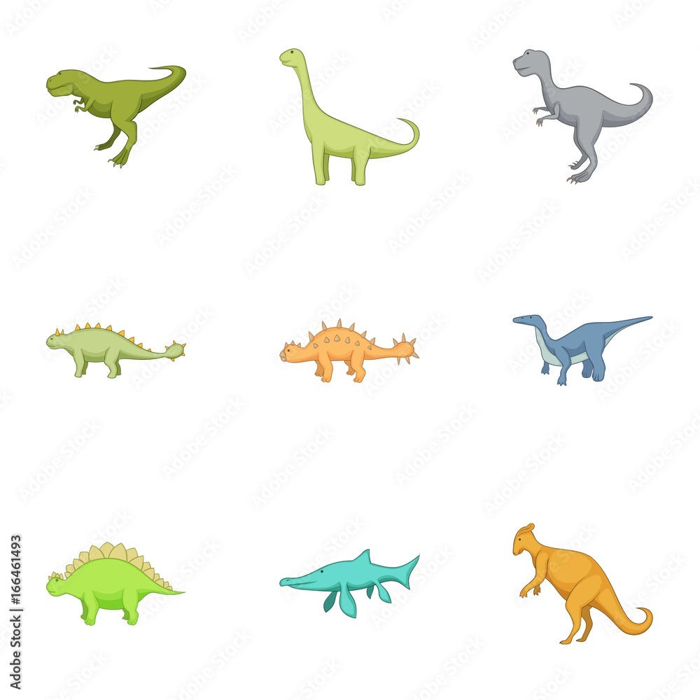 First dinosaur icons set, cartoon style