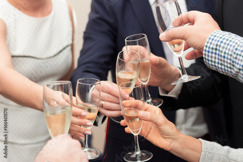 Group of people with elegant clothing celebrating and toasting champagne glasses
