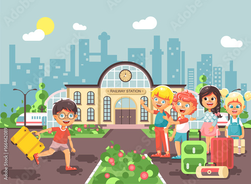 Vector illustration cartoon characters late boy and girl running to little children standing at railway station building with bags and suitcases awaiting train flat style city background