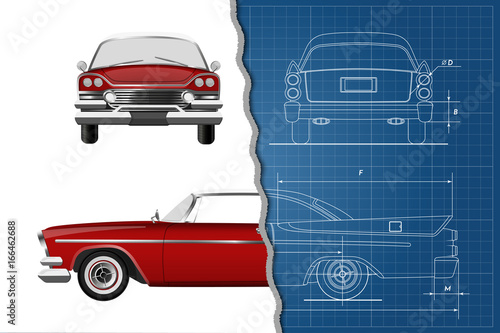 Engineering blueprint of retro car. Vintage cabriolet. Front, side and back view. Industrial drawing. Vector illustration